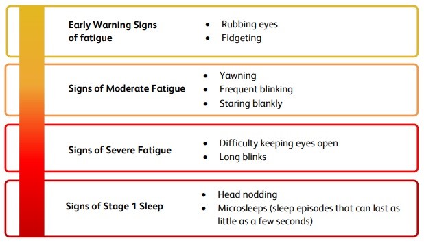 physical sings of fatigue. Early warning signs of fatigue - rubbing eyes, fidgeting. signs of moderate fatigue - yawning, frequent blinking, staring blankly. Signs of severe fatigue - difficulty keeping eyes open, long blinks. Signs of stage 1 sleep - head nodding, microsleeps (sleep episodes that can last as little as a few seconds). 