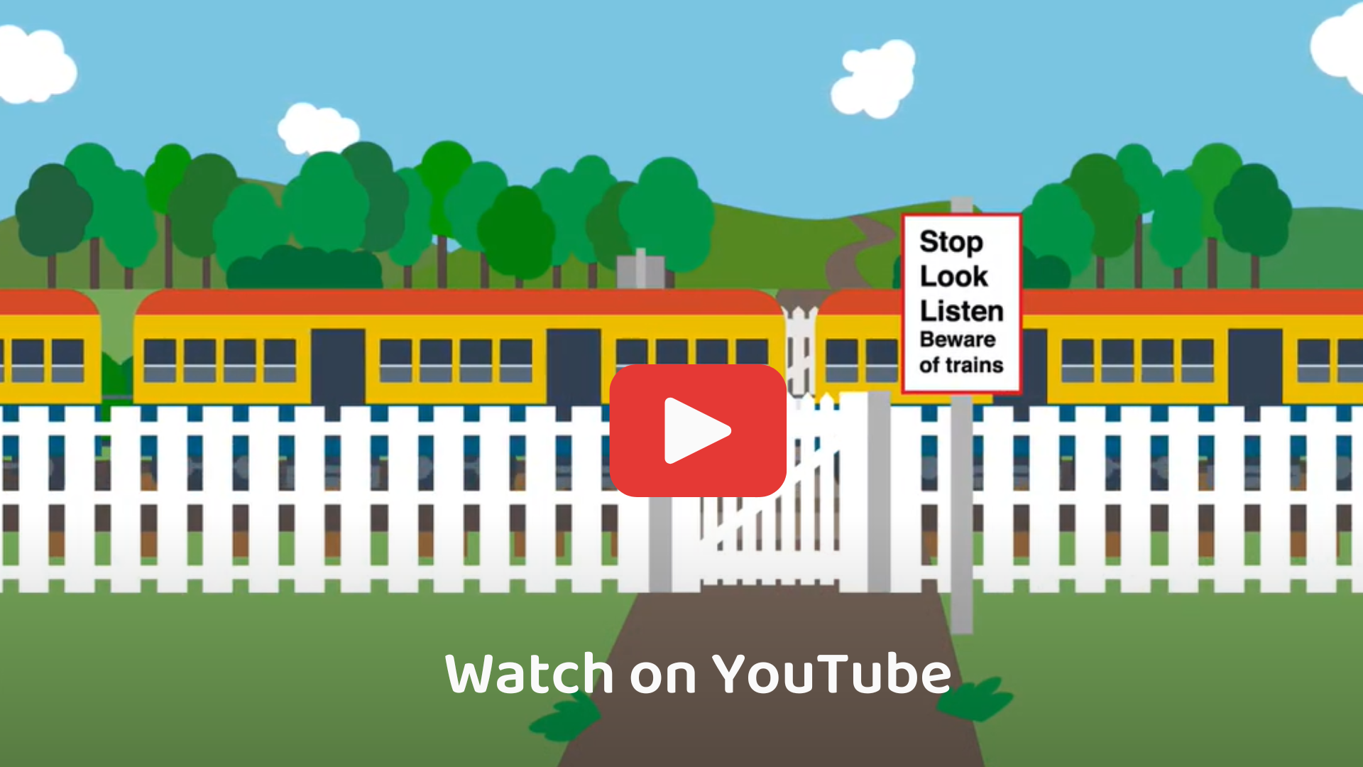 Footpath level crossings video - watch on YouTube. Graphic shows a train travelling in countryside with a warning sign that says 'Stop Look Listen Beware of trains"