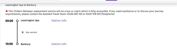 A screenshot of a journey planner notifying passengers that a rail replacement vehicle will be accessible during the upcoming engineering work. 