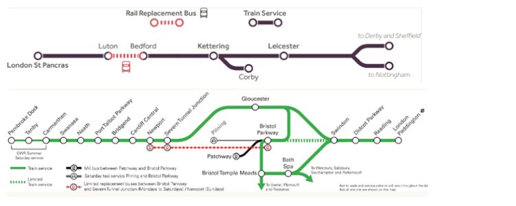 Top: screenshot of a map showing which part of a journey will involve a train and rail replacement vehicle.  Bottom: screenshot of a map showing which part of a journey will involve a train and rail replacement vehicle. 