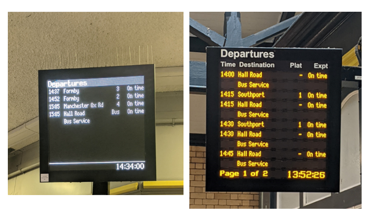 Two screens displaying train schedules and bus replacement services.