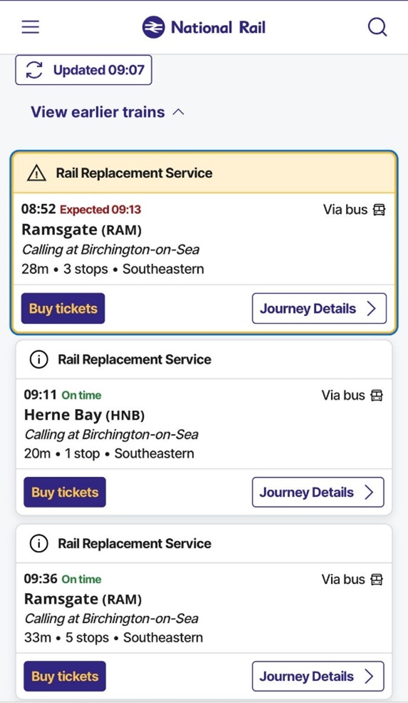 A screenshot of a phone displaying rail replacement services on the National Rail application.