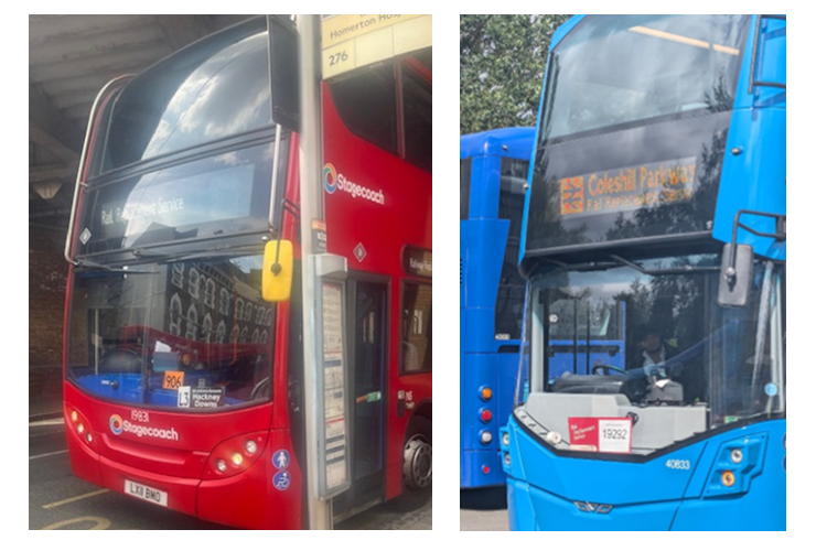 Left: a picture of a red London Overground rail replacement vehicle which displays "Rail replacement", operator and destination. Right: a picture of a blue Cross Country rail replacement vehicle which displays "Rail replacement", operator and destination.