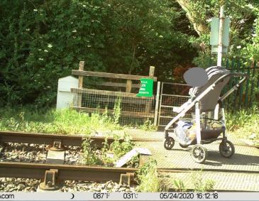 An image of a pram on the railway tracks